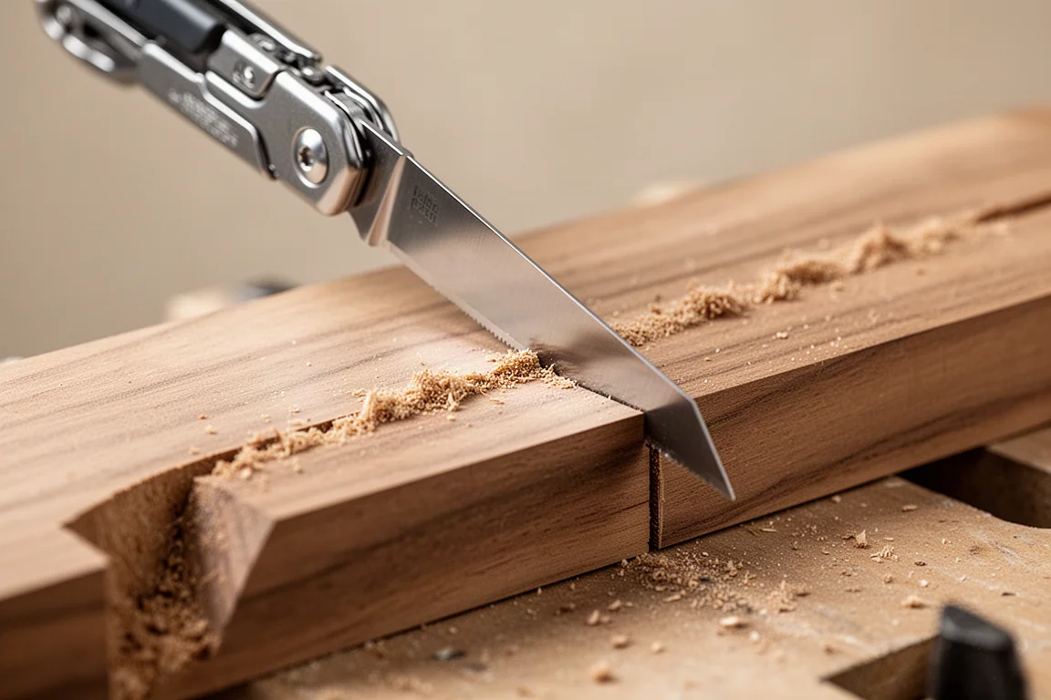 Multitool-Sägeblatt schneidet mit sauberen Kanten durch ein zollstarkes Holzbrett