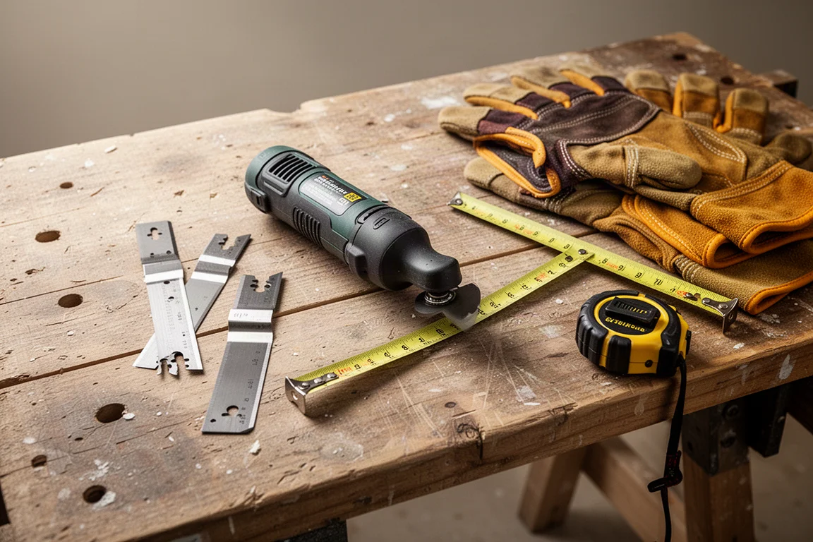 Werkbank eines Handwerkers mit Multitool und Sägeblättern, bereit für die Tagesarbeit