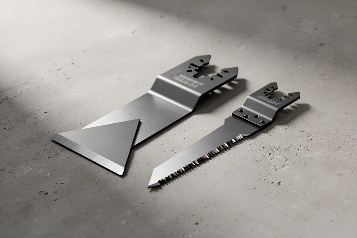 Two DeWalt multi-tool blades on a concrete surface