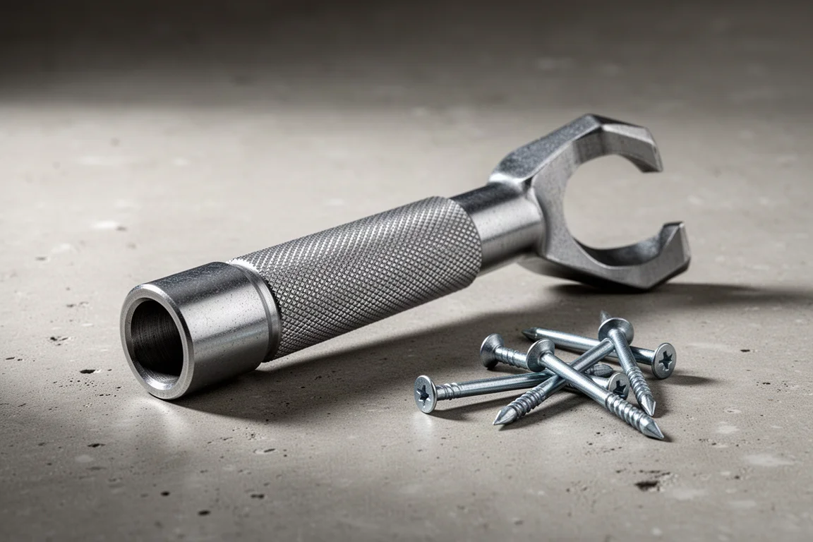 All-steel DEWALT nail puller tool on a concrete surface with loose framing nails
