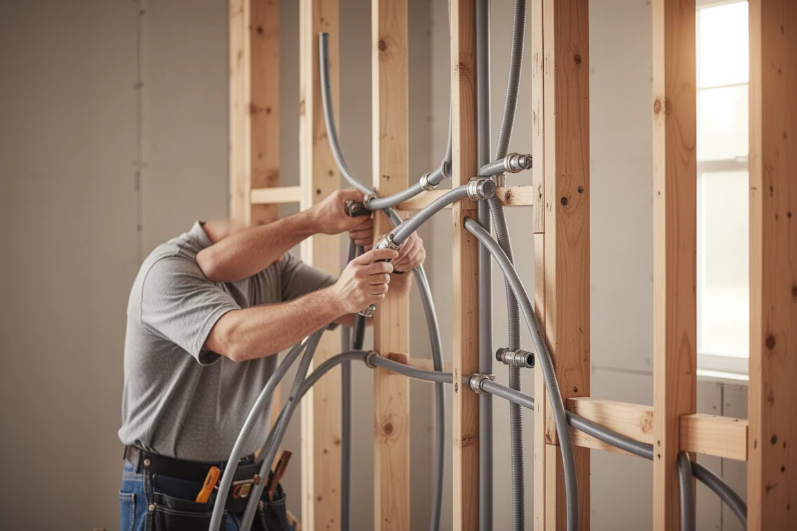 Plumber working with PEX tubing in a partially finished wall frame