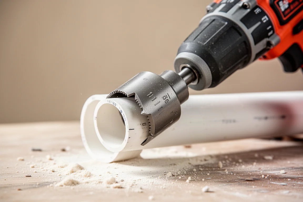 Impact driver fitted with a pipe cutting attachment inside a PVC pipe