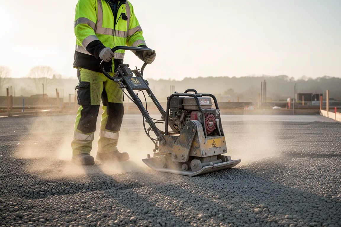 Worker operating a heavy plate compactor on a gravel surface