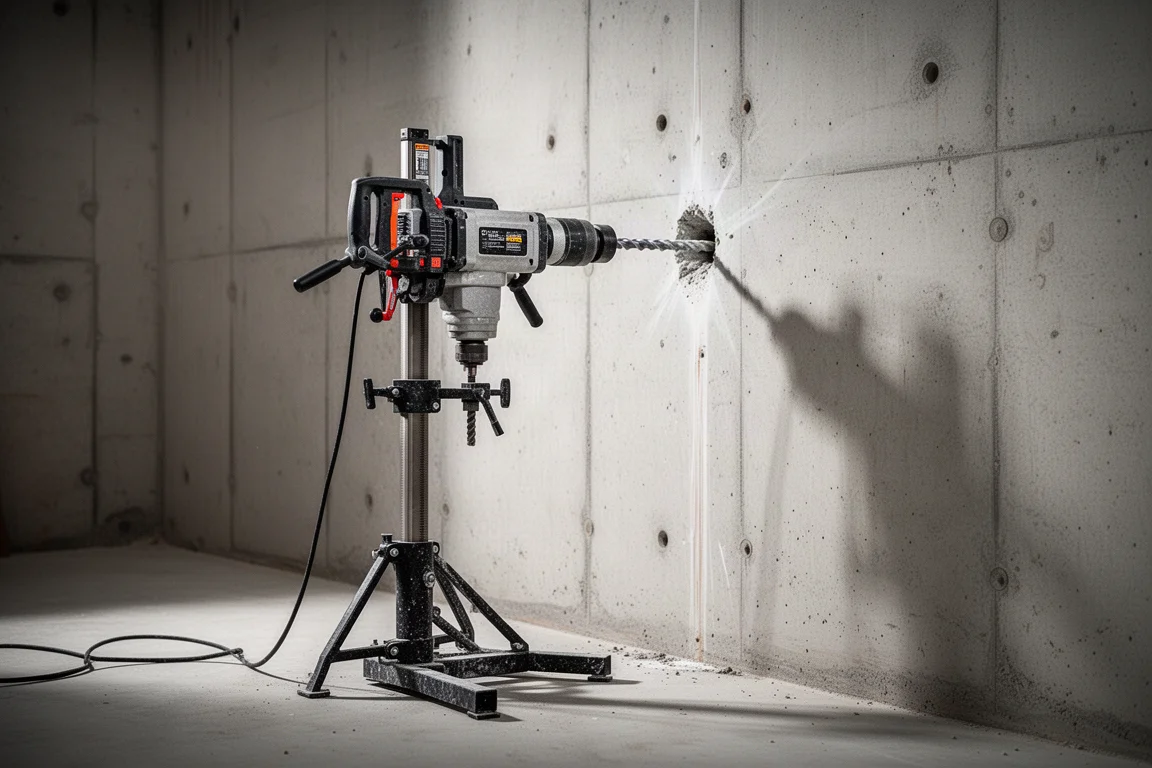 Core drill mounted on a stand positioned against a concrete wall