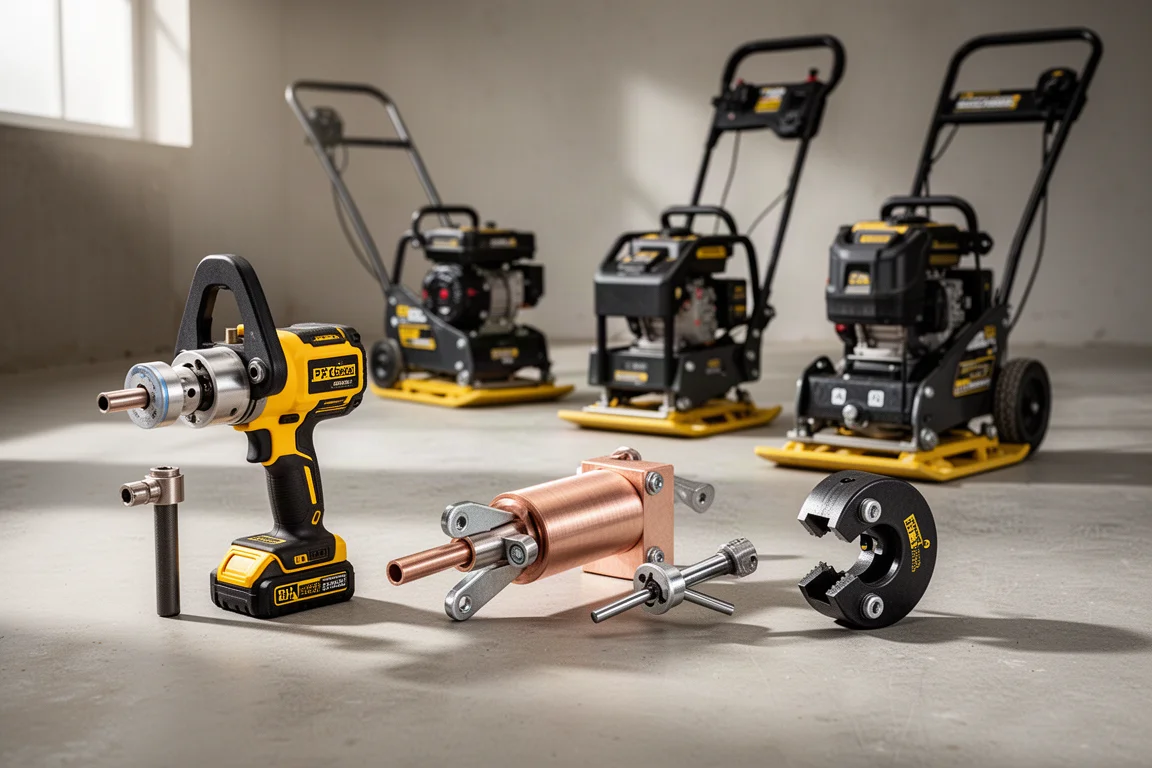 Assortment of new cordless power tools arranged on a concrete workshop floor