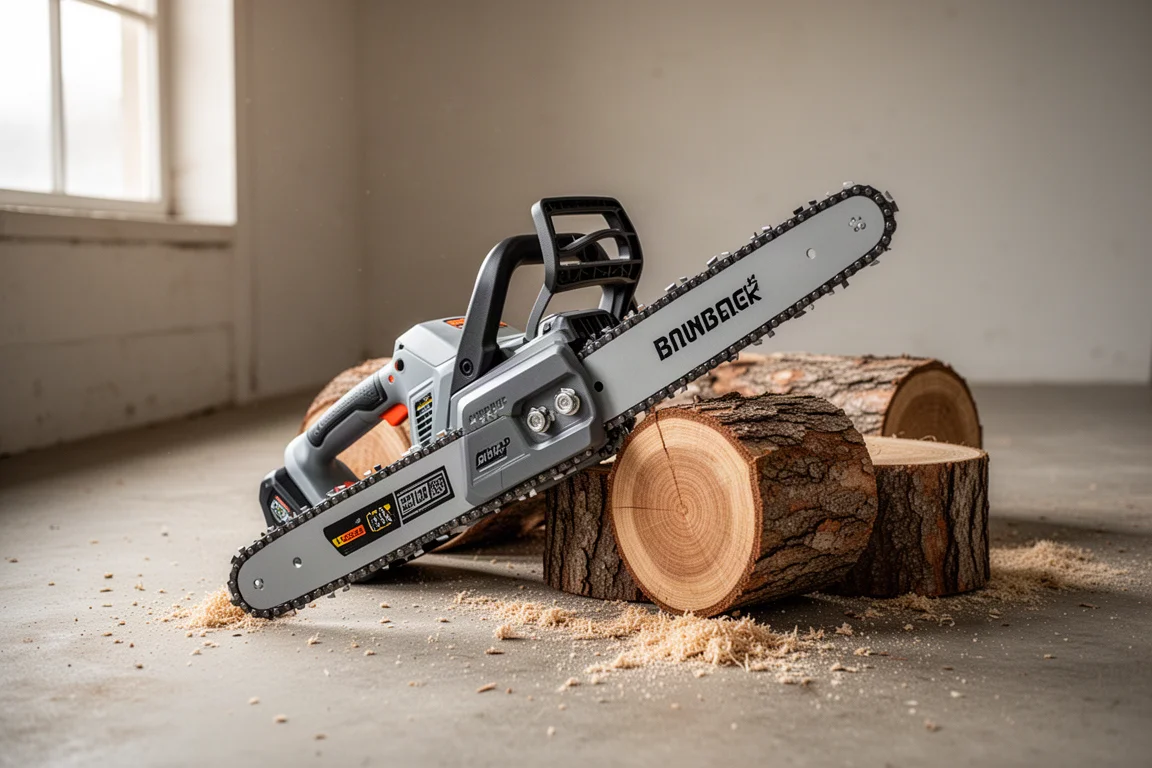 Akkubetriebene Kettensäge liegt auf gesägten Holzstämmen in einer Werkstatt
