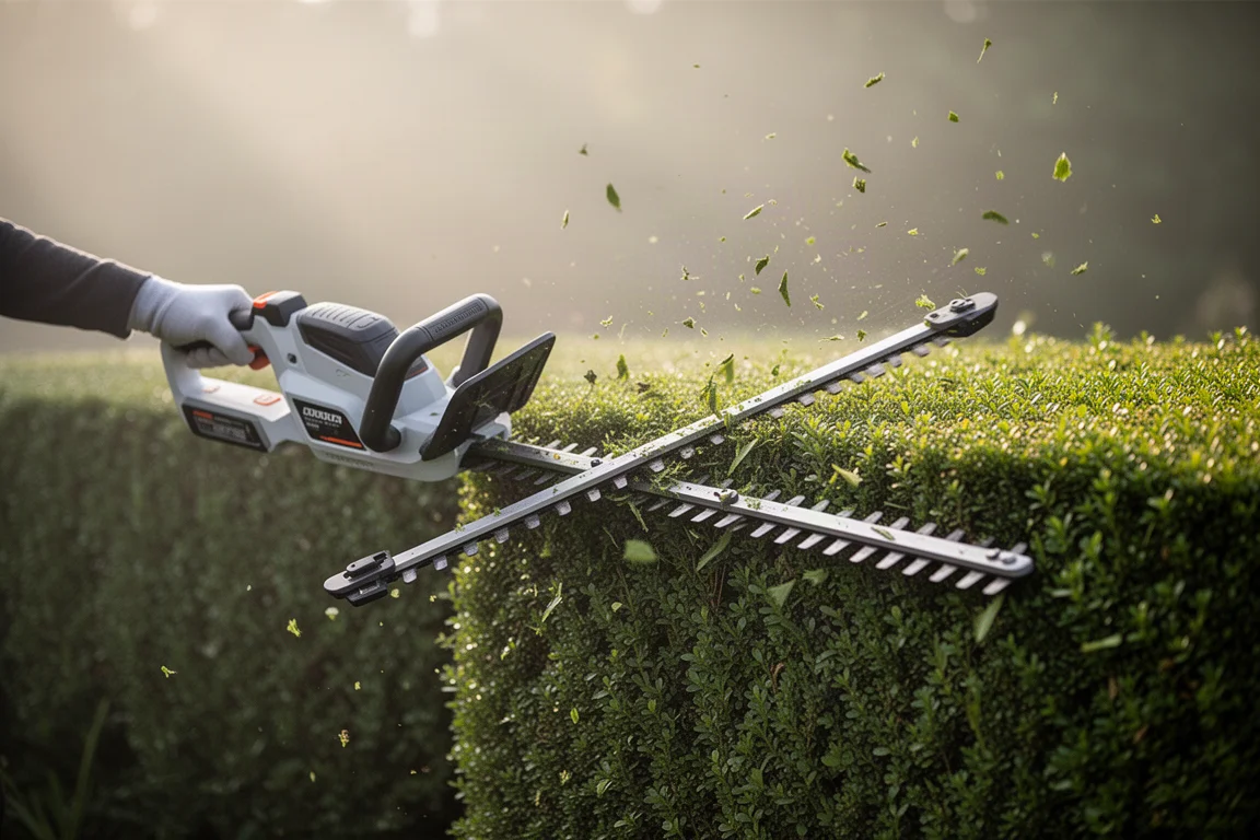 Akku-Heckenschere schneidet eine grüne Hecke im Garten