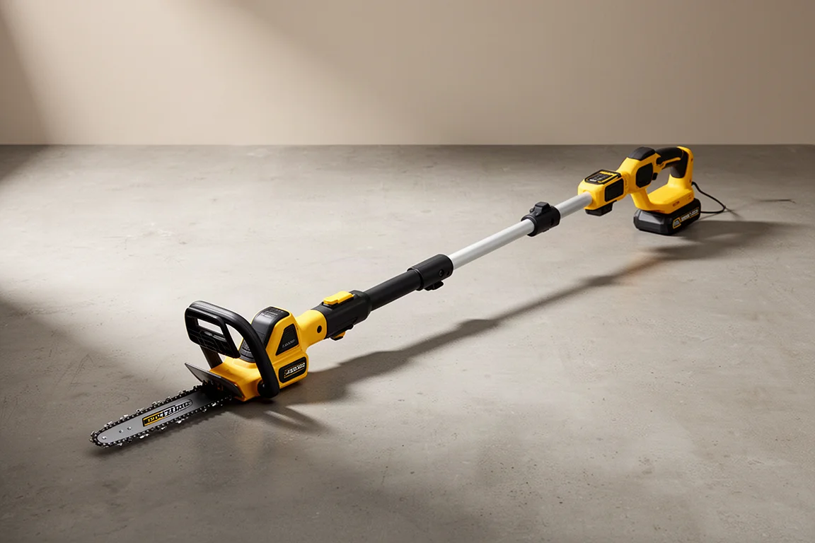 DeWalt pole saw laid diagonally on a matte concrete surface
