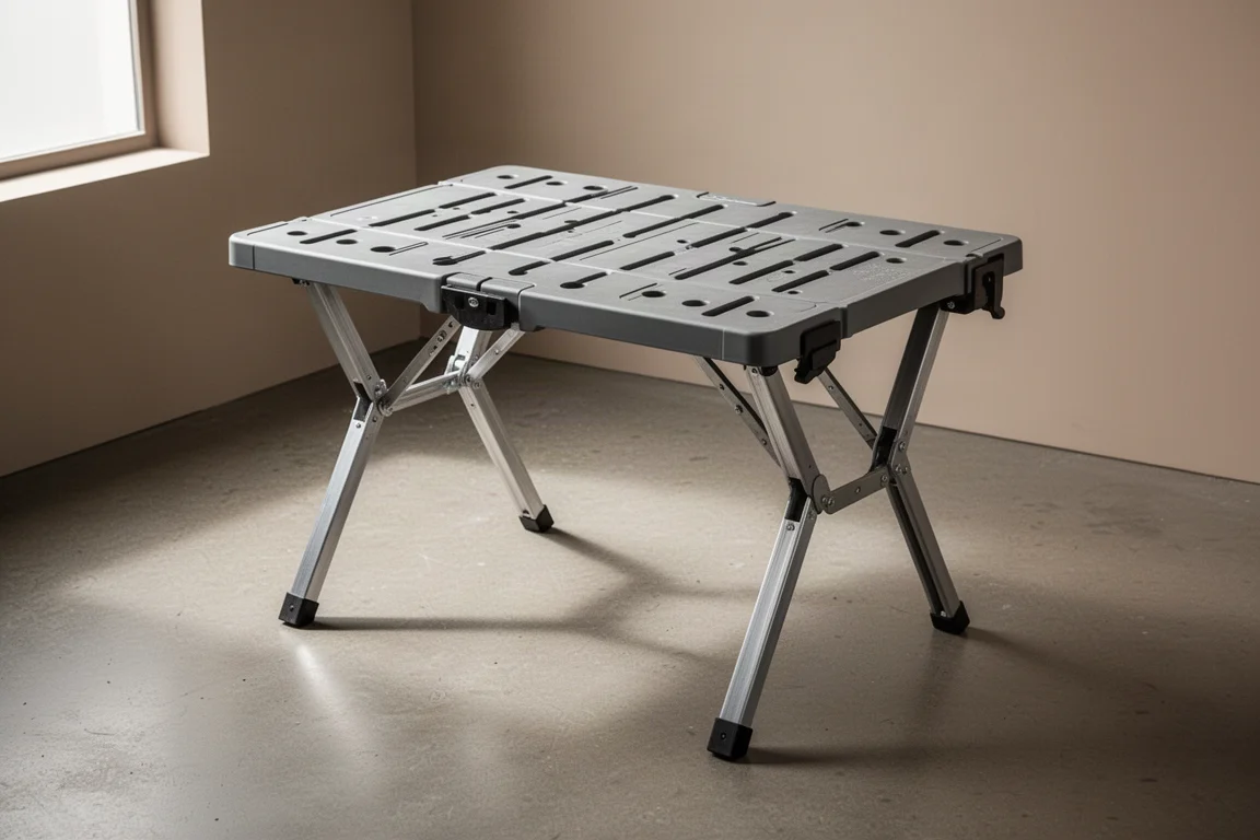 DeWalt portable folding work table standing open on a workshop floor