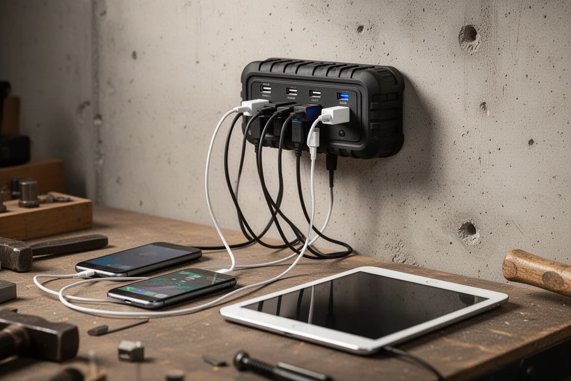 Plusieurs téléphones et un ordinateur portable en charge depuis des ports USB sur une prise murale d'atelier