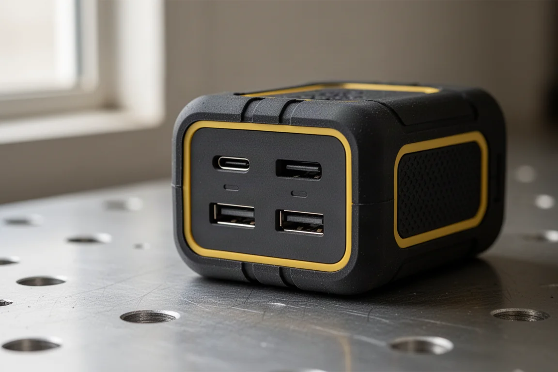 Gros plan sur un bloc de charge robuste avec deux ports USB-C et USB-A visibles