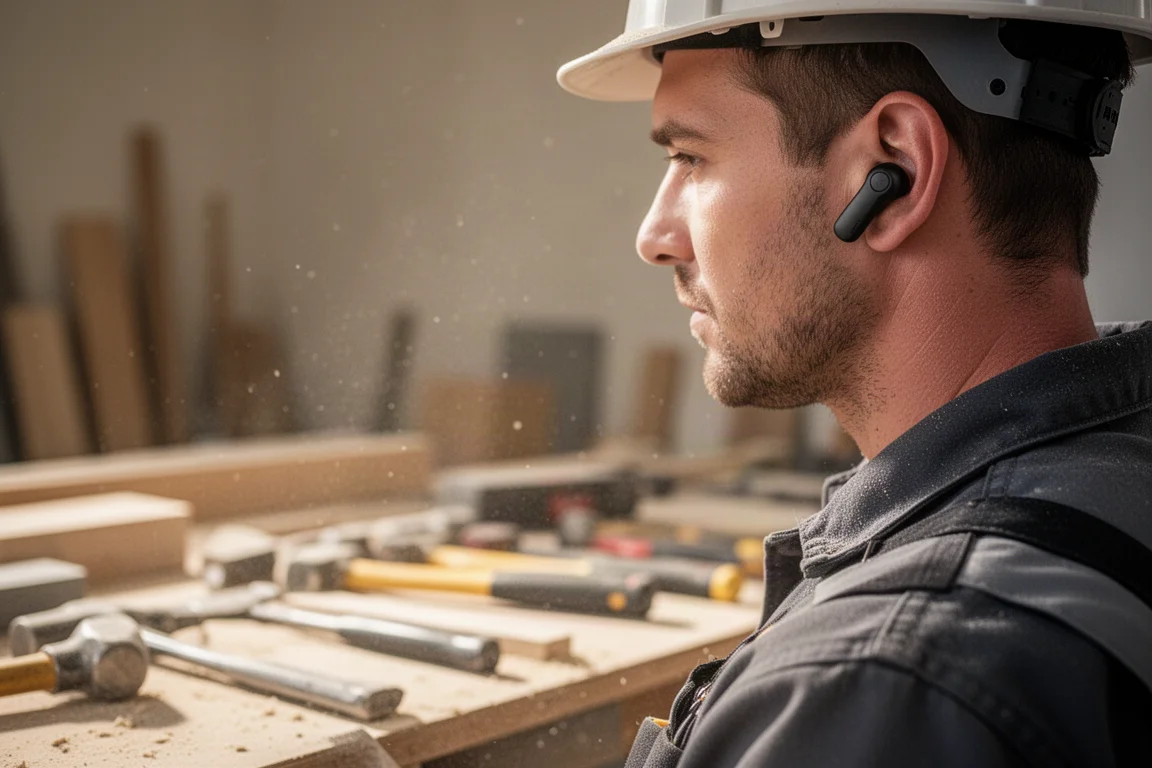 Ouvrier sur un chantier portant des écouteurs sans fil compacts tout en travaillant