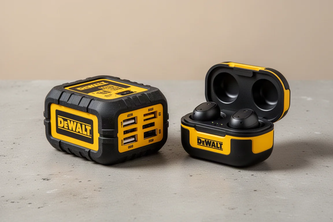Bloc de charge DeWalt robuste et étui d'écouteurs côte à côte sur une surface en béton