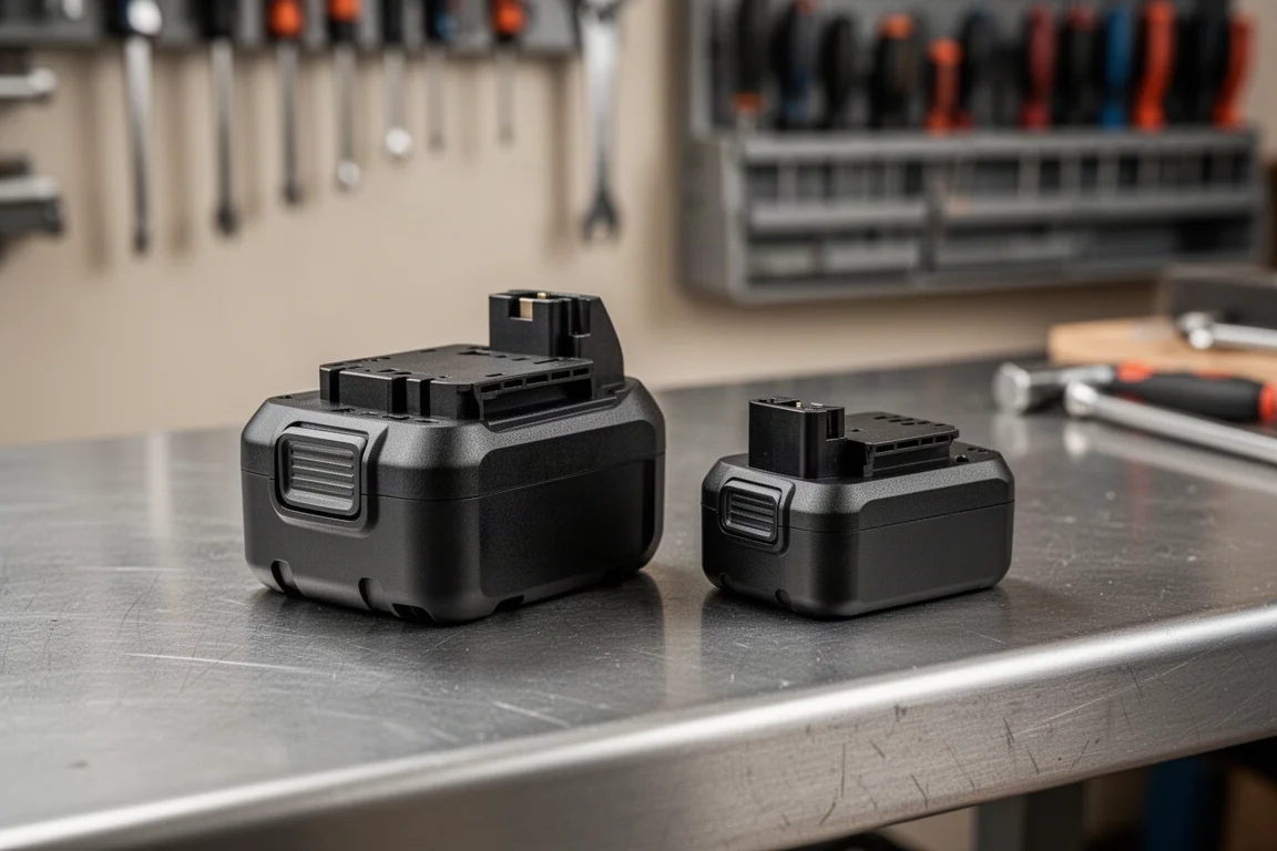 Two compact cordless tool battery packs resting on a workshop bench