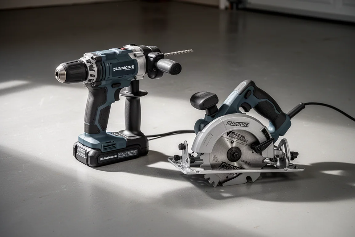 Full-size hammer drill and circular saw laid out on a garage floor