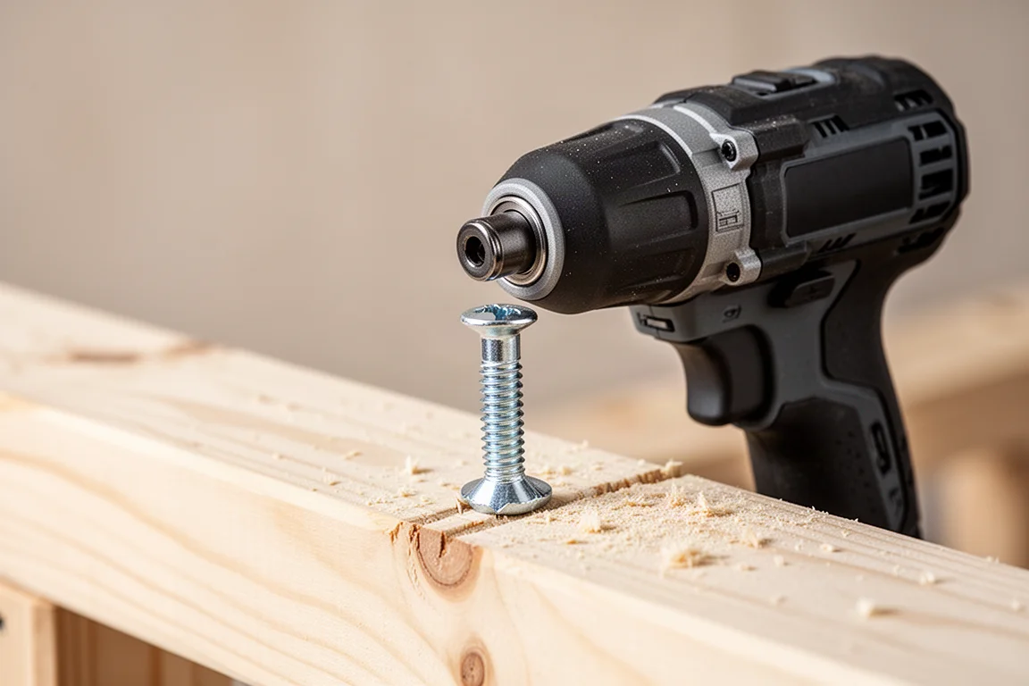 Cordless impact driver held in position driving a fastener into lumber