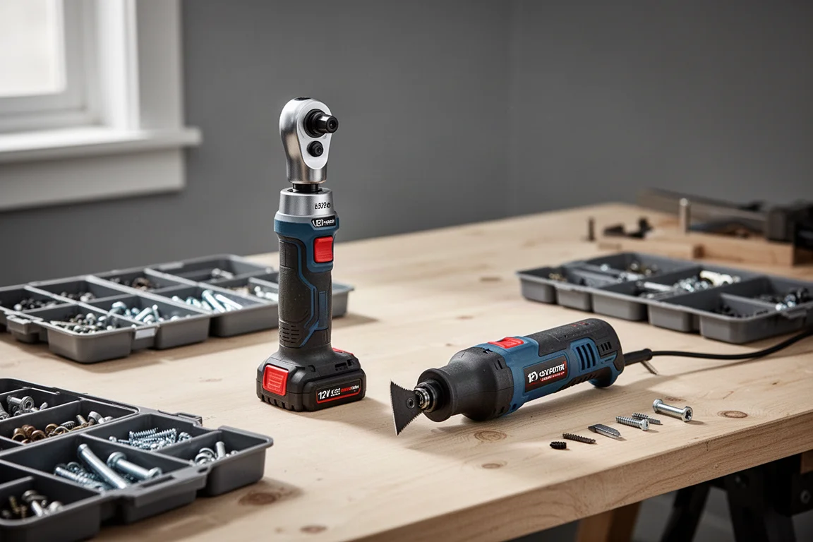 Compact 12V cordless ratchet and small multi-tool on a workbench