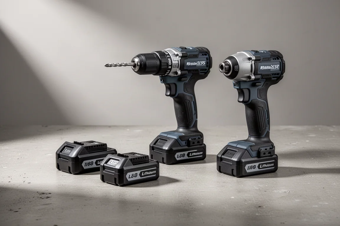 DeWalt cordless battery packs, hammer drill, and impact driver arranged on a concrete surface