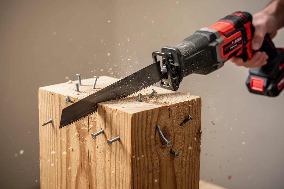 Reciprosäge schneidet durch einen 4x4-Holzblock mit eingebetteten Nägeln
