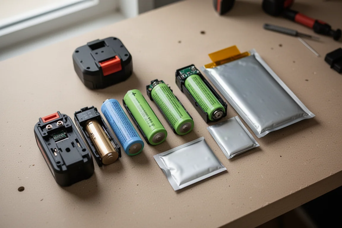 Akkuzellen und flexible Lithium-Polymer-Pouches ausgelegt auf einer Werkbank