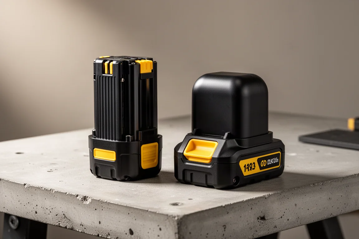 Due batterie DeWalt per utensili a batteria affiancate su una banca da lavoro in cemento