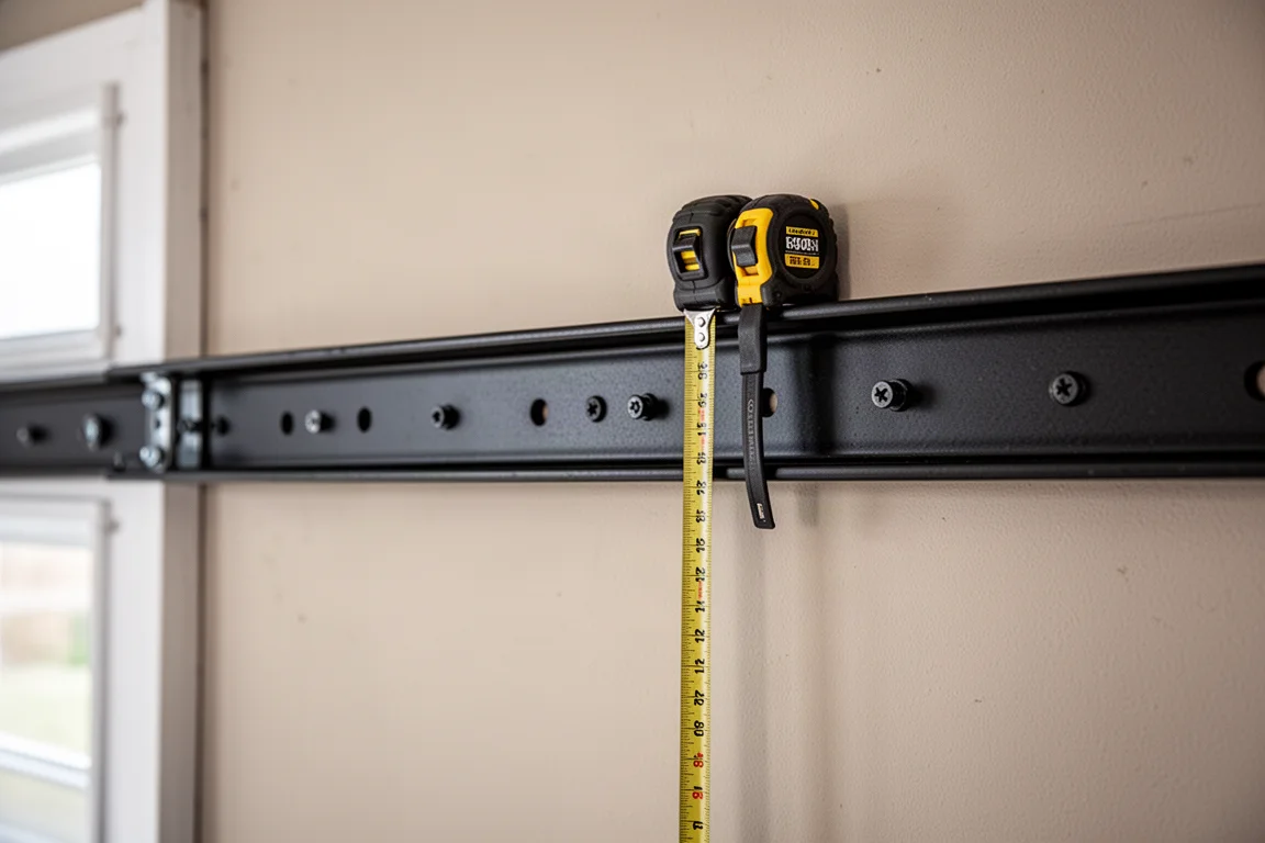 Metallische Aufbewahrungsschiene an einer Garagewand montiert, mit für 16-inch-Abstände markierten Balken