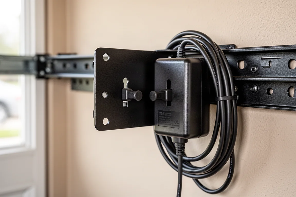 Aku-Ladegerätehalterung mit Ladegerät, dessen Stecker in Schlüssellochschlitze eingesetzt sind