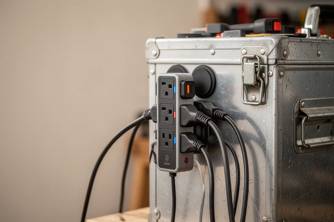 Magnetische Steckdosenleiste am Deckel eines Metall-Werkzeugkastens mit angesteckten Kabeln