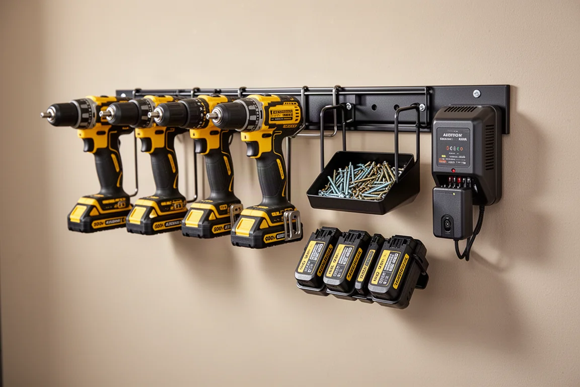 DeWalt all-metal wall storage kit with tools, batteries, and cubbies mounted on a wall