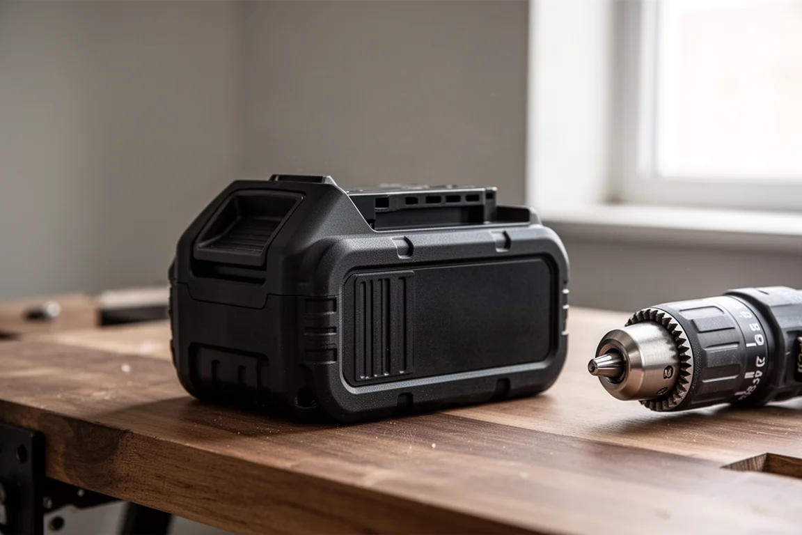 Närbild på ett stort batteripaket utan sladd som ligger på en arbetsbänk