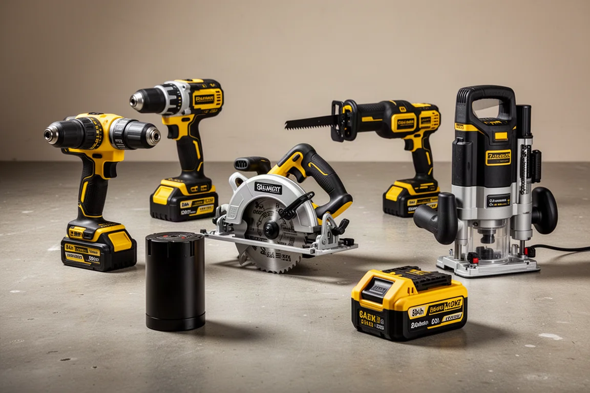 DeWalt cordless tool lineup with battery pack on concrete floor