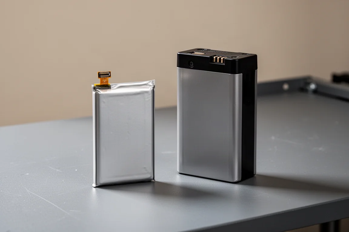 Deux blocs-batteries côte à côte sur un établi montrant la différence de taille