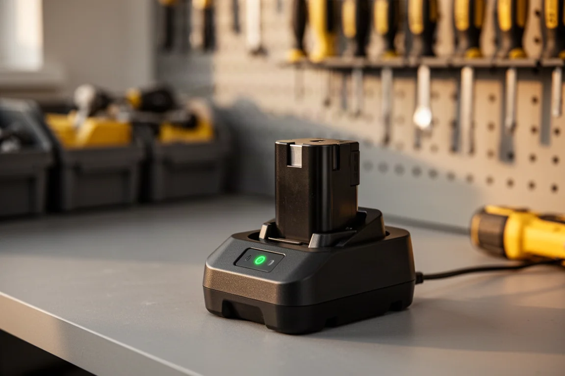 Bloc-batterie en charge sur un chargeur dans un atelier bien rangé