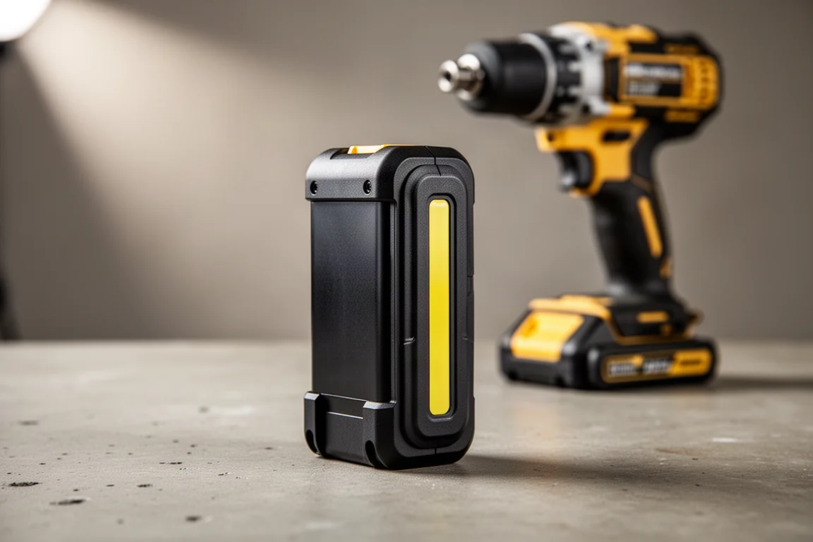 Bloc-batterie compact DeWalt PowerStack posé sur une surface bétonnée d'atelier