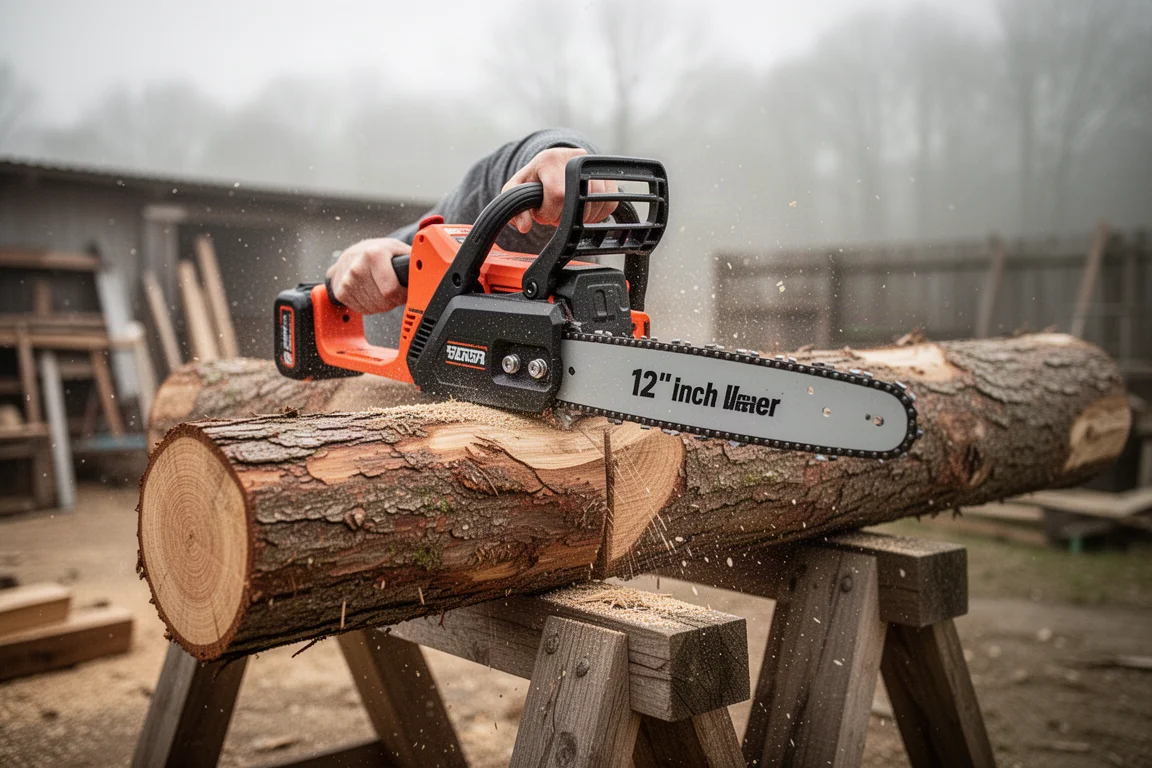 Cordless top handle pruning saw cutting through a hardwood log outdoors
