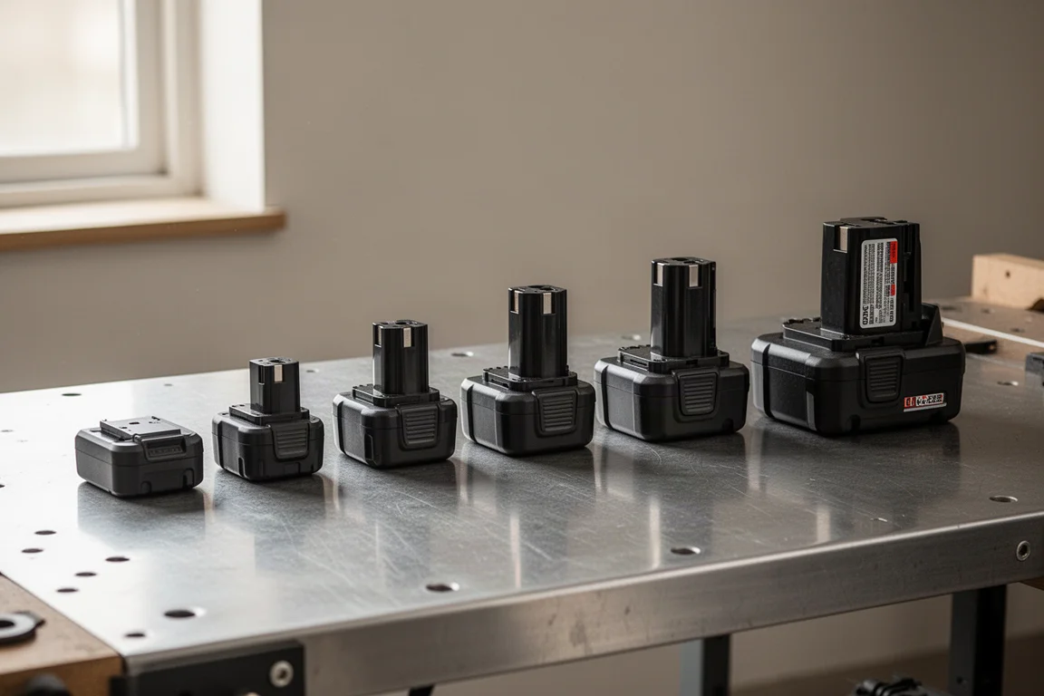 Rows of different cordless battery packs lined up on a workbench