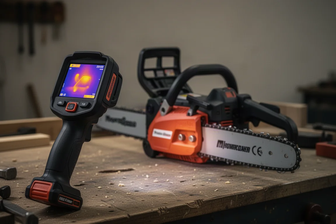 Thermal imaging view of a cordless saw showing warm hotspots