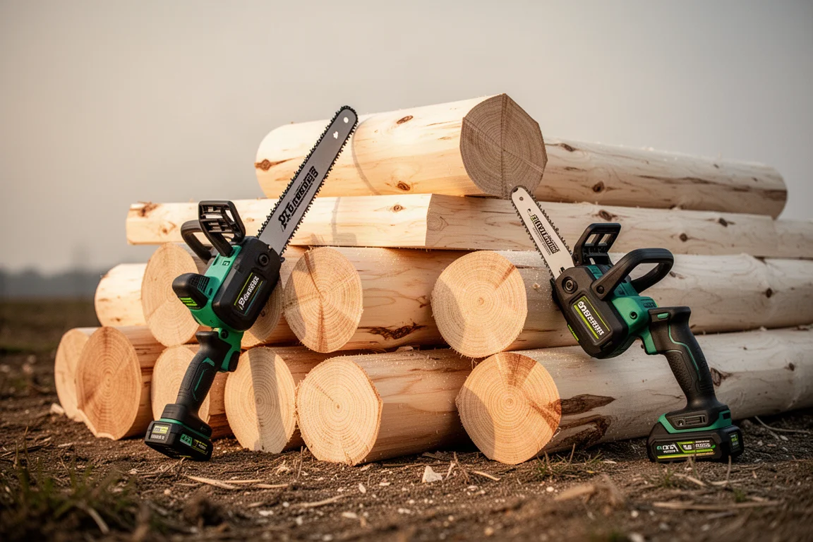 Stack of freshly cut poplar rounds on the ground after repeated cutting