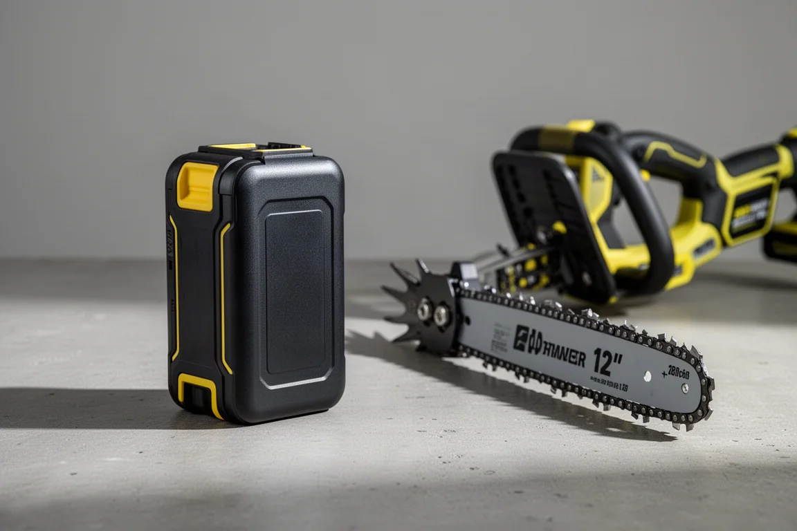 DeWalt PowerStack 5Ah battery beside a cordless top handle saw on concrete