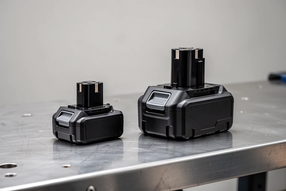 Två batteripack i olika storlekar sida vid sida på en arbetsbänk