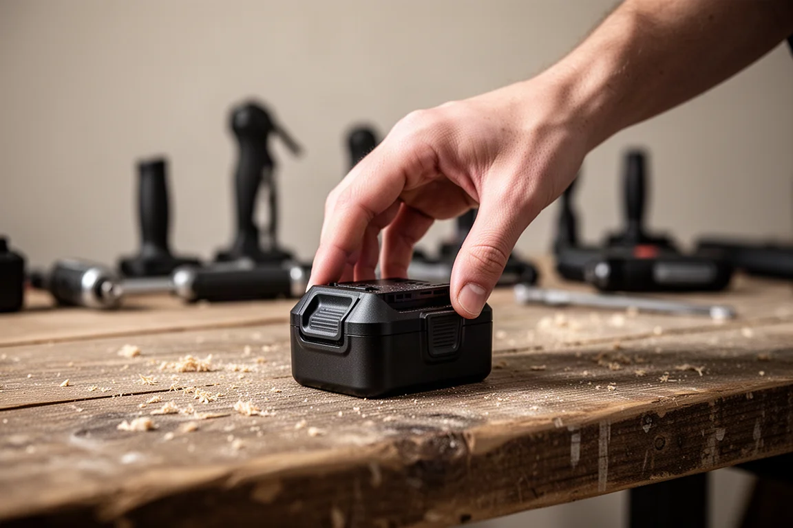 Hantverkarens hand som plockar upp ett kompakt batteripack från en arbetsbänk
