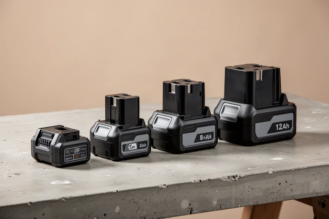 Four cordless tool battery packs of increasing size lined up on a concrete surface