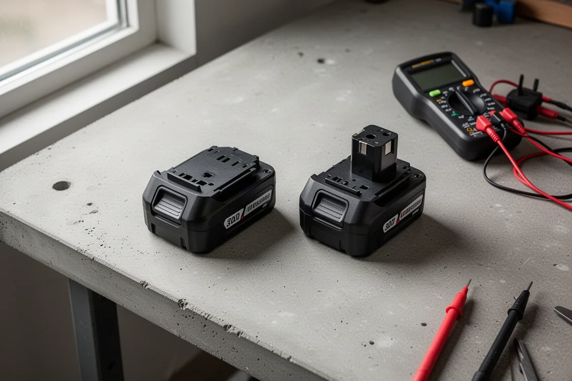 Deux batteries d'outils sans fil côte à côte sur un établi de béton