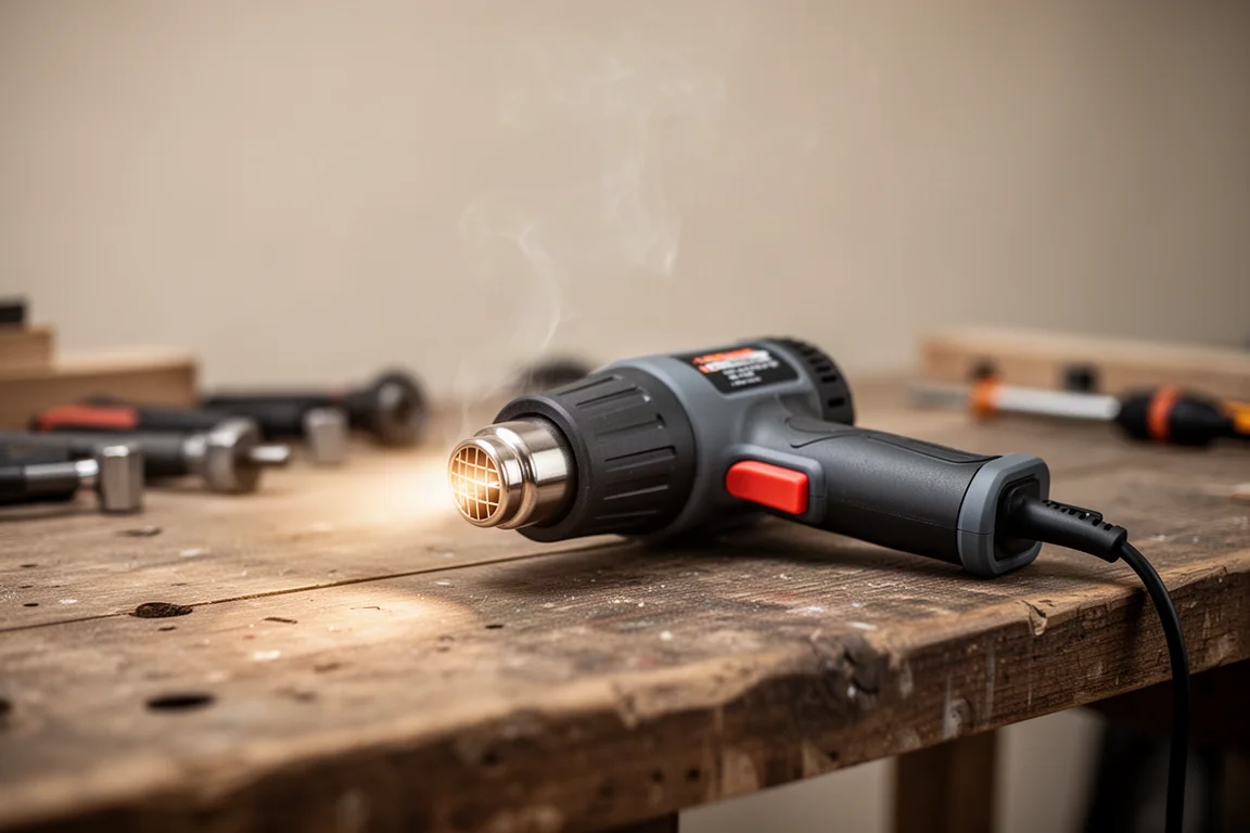Pistolet à air chaud sans fil fonctionnant sur un établi avec de l'air chaud visible