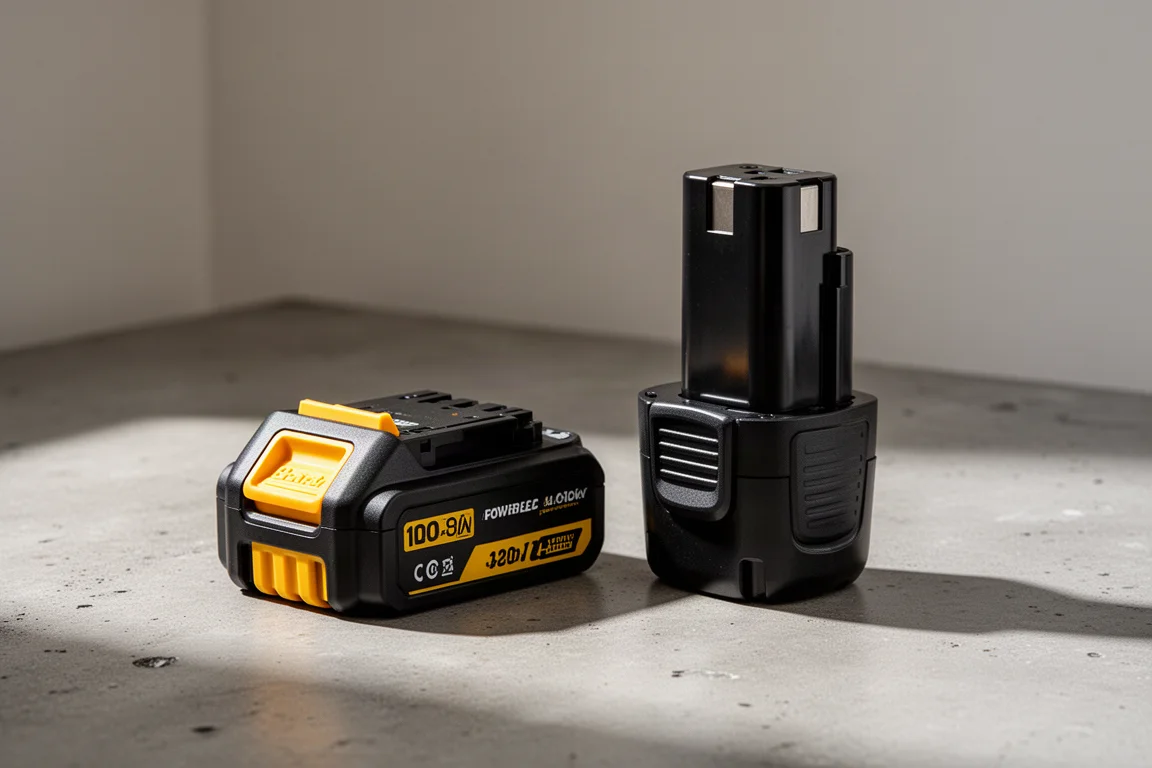 DeWalt PowerStack and XR 5Ah battery packs side by side on concrete