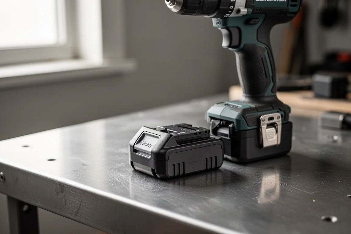 Compact battery pack mounted on a drill resting on a workbench
