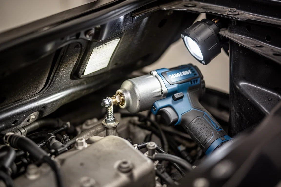 Impact wrench working on a bolt in a tight engine bay space
