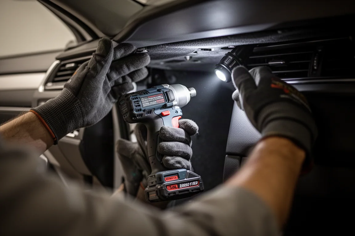 Slim impact driver held under a car dashboard in a confined space