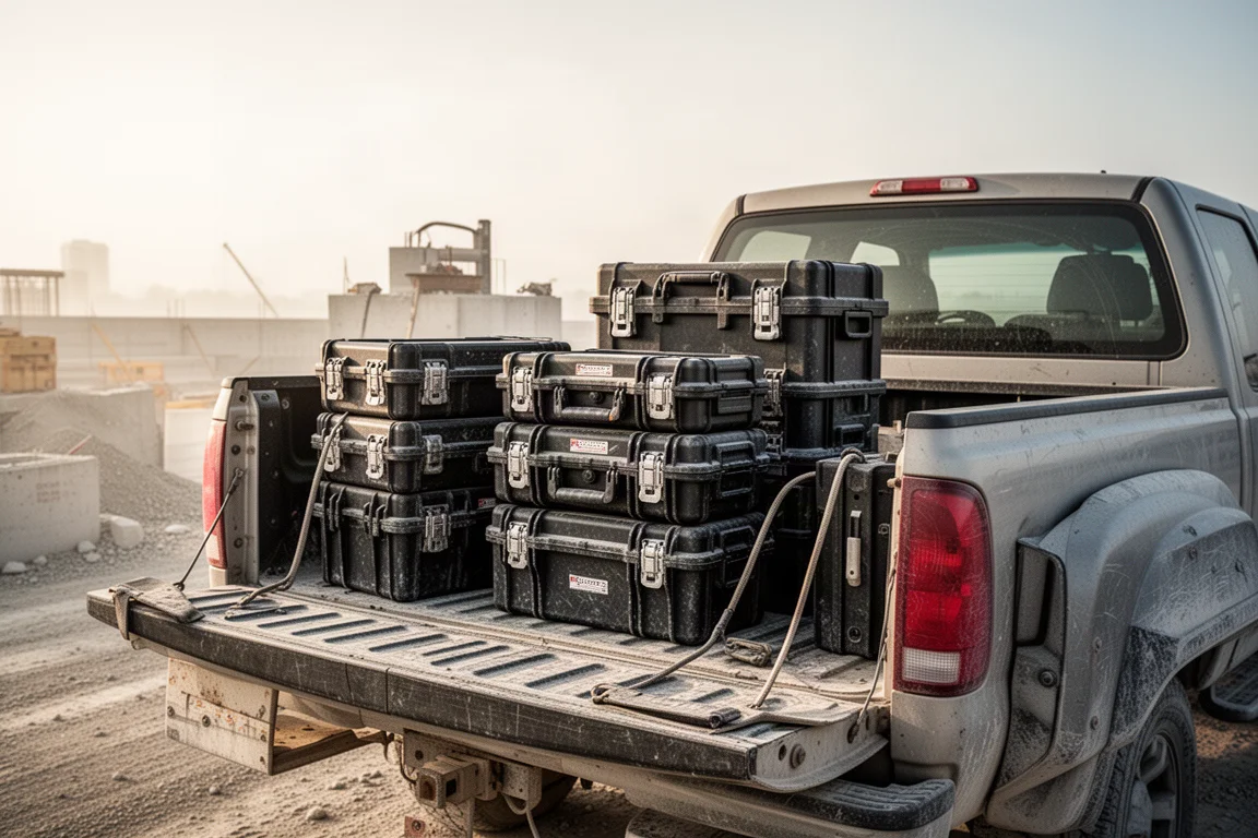 Stacked rugged tool cases loaded in the bed of a work truck