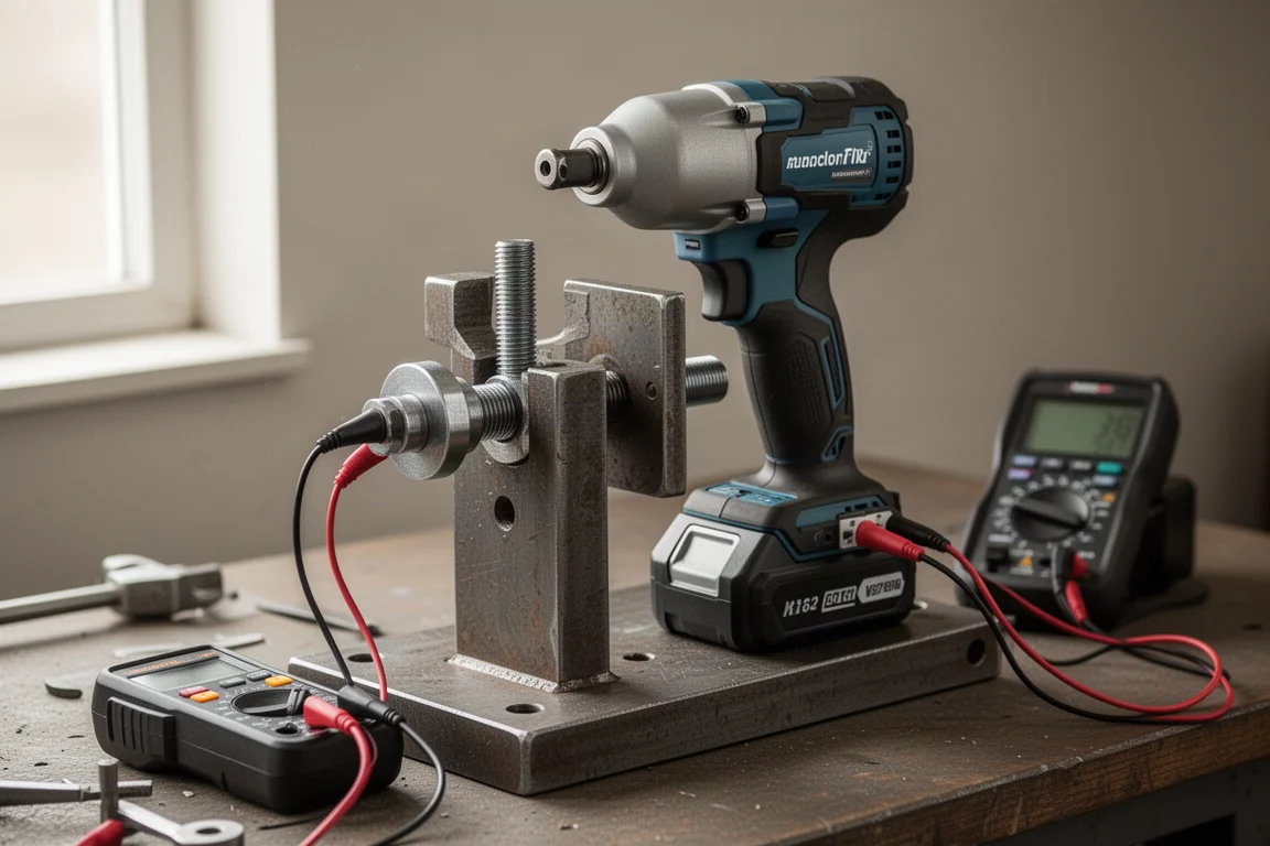Compact impact wrench bolted to a rigid test rig on a workbench